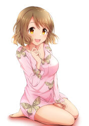 Rule 34 | 1girl, animal print, barefoot, blush, breasts, brown eyes, brown hair, butterfly print, cleavage, collarbone, dress, full body, hand up, highres, idolmaster, idolmaster cinderella girls, idolmaster cinderella girls starlight stage, large breasts, long sleeves, looking at viewer, nagmilk, open mouth, pink dress, print dress, seiza, short hair, simple background, sitting, sleeves past wrists, smile, solo, tsukimiya miyabi, wavy hair, white background