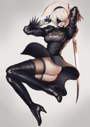 Rule 34 | 1girl, arms up, ass, black dress, black footwear, black gloves, black hairband, black thighhighs, blindfold, boots, breasts, cleavage, cleavage cutout, clothing cutout, covered eyes, dress, full body, gloves, hair over one eye, hairband, high heel boots, high heels, highres, holding, holding sword, holding weapon, juliet sleeves, katana, legs together, long sleeves, madarao 56, medium breasts, mole, mole under mouth, nier:automata, nier (series), no leotard, no panties, parted lips, pink lips, puffy sleeves, ribbed dress, short dress, short hair, side slit, silver hair, solo, sword, thigh boots, thighhighs, vambraces, weapon, weapon on back, 2b (nier:automata)