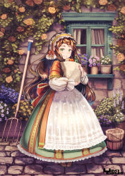 Rule 34 | 1girl, apple, apron, artist name, bad id, bad pixiv id, bag, baguette, bottle, bread, brick wall, brown hair, bucket, commentary request, day, dress, flower, flower pot, food, fruit, garutaisa, green dress, green eyes, grocery bag, hairband, highres, holding, holding bag, hoop skirt, lilac, lolita hairband, long hair, long sleeves, looking at viewer, orange flower, orange rose, original, outdoors, pitchfork, plant, planter, potted plant, red flower, red rose, rose, sett, shawl, shopping bag, smile, solo, standing, thick eyebrows, traditional clothes, very long hair, white apron, window, windowsill