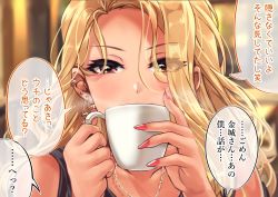 Rule 34 | 1girl, blonde hair, blowing, blush, chair, coffee, coffee cup, collarbone, commentary request, cup, disposable cup, drinking, ear piercing, earrings, eyelashes, fingernails, forehead, highres, jewelry, kinjyou (shashaki), lightning bolt earrings, lightning bolt symbol, nail polish, necklace, original, parted lips, partially translated, piercing, plate, red nails, sharp fingernails, shashaki, solo, stirring, table, translation request, yellow eyes