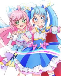 Rule 34 | 2girls, ahoge, ascot, blue eyes, blue hair, blue skirt, bow, cure prism, cure sky, detached sleeves, dress, earrings, elbow gloves, feather hair ornament, feathers, fpminnie1, gloves, green eyes, hair bow, hair ornament, hand on own hip, highres, hirogaru sky! precure, jewelry, long hair, magical girl, multiple girls, nijigaoka mashiro, open mouth, pink bow, pink hair, precure, skirt, smile, sora harewataru, twintails, very long hair, white ascot, white bow, white dress, white gloves