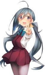 Rule 34 | 10s, 1girl, :d, ahoge, blue eyes, blush, grey hair, grey pantyhose, hair between eyes, highres, kantai collection, kiyoshimo (kancolle), long hair, looking at viewer, metindone, open mouth, pantyhose, school uniform, simple background, smile, solo, standing, twintails, uniform, v, very long hair, white background