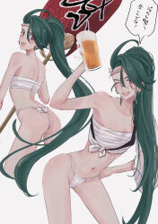 1girl absurdres alcohol ass beer beer_mug chest_sarashi creatures_(company) cup earrings fundoshi game_freak green_hair headband high_ponytail highres holding holding_cup japanese_clothes jewelry long_hair mtkpasta mug multiple_views navel_piercing nintendo one_eye_closed open_mouth piercing pokemon pokemon_sv red_eyes rika_(pokemon) sarashi skinny smile