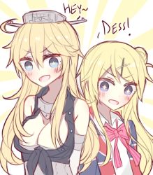 Rule 34 | + +, 10s, 2girls, bad anatomy, bare shoulders, blonde hair, blue eyes, bow, breasts, cleavage, commentary, crossover, hair ornament, hairclip, image sample, iowa (kancolle), kantai collection, kin-iro mosaic, kujou karen, kvlen, long hair, multiple girls, open mouth, side ponytail, smile, star-shaped pupils, star (symbol), symbol-shaped pupils, trait connection, tumblr sample
