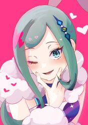 Rule 34 | 1girl, arm warmers, blue eyes, creatures (company), eyelashes, game freak, green hair, hair ornament, heart, highres, lisia (pokemon), long hair, looking at viewer, nintendo, one eye closed, open mouth, pink background, pokemon, pokemon oras, solo, ssn (sasa8u9r), upper body