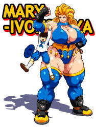 Rule 34 | 1boy, 1girl, amazon warrior, artist request, big hair, blonde hair, blue eyes, boots, breasts, curvy, fingerless gloves, flexing, gloves, hand on own hip, highres, huge breasts, leotard, mary ivonskaya, muscular, plump, russian text, size difference, tassel, thick thighs, thighhighs, thighs, tobal, wrestler, wrestling outfit
