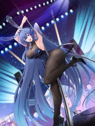 Rule 34 | 1girl, absurdly long hair, absurdres, anchor ornament, animal ears, armpits, arms behind head, ass, azur lane, black footwear, black pantyhose, blue eyes, blue leotard, blue neckwear, bodystocking, breasts, cleavage, dutch angle, fake animal ears, hair between eyes, high heels, highres, huge filesize, indoors, large breasts, leg up, leotard, light purple hair, long hair, looking at viewer, necktie, new jersey (azur lane), new jersey (exhilarating steps!) (azur lane), official alternate costume, open mouth, oversized breast cup, pantyhose, playboy bunny, pole, pole dancing, rabbit ears, see-through, see-through cleavage, shoes, short necktie, smitcuk, stage lights, stiletto heels, strapless, strapless leotard, stripper pole, taut clothes, very long hair