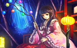 Rule 34 | 1girl, azumi (madogiwa bocchi seki), bamboo, bamboo forest, black hair, branch, forest, frills, houraisan kaguya, jeweled branch of hourai, light, long hair, long sleeves, looking at viewer, nature, open mouth, ribbon, shirt, skirt, solo, touhou, wide sleeves