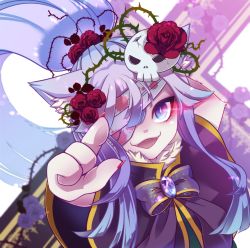 Rule 34 | 1girl, :3, animal ears, bandage over one eye, black bow, black bowtie, black capelet, blue eyes, bow, bowtie, brooch, capelet, cat ears, cat girl, commentary request, cross, crown of thorns, fangs, flower, furry, furry female, hair between eyes, jewelry, long hair, looking at viewer, open mouth, ponytail, ragnarok online, red flower, rose, sidelocks, sion (blackhorse), skull, slit pupils, smile, solo, summoner (ragnarok online), upper body