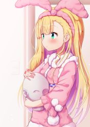 Rule 34 | 1girl, baram, blonde hair, blush, closed mouth, commentary request, fur-trimmed jacket, fur trim, green eyes, hairband, highres, hugging object, jacket, long hair, long sleeves, looking away, mononobe alice, mononobe alice (6th costume), nijisanji, pink hairband, pink jacket, plaid, solo, upper body, very long hair, virtual youtuber