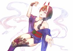 Rule 34 | 1girl, absurdres, bob cut, eyeliner, fate/grand order, fate (series), ha kemuri, headpiece, highres, horns, japanese clothes, kimono, looking at viewer, makeup, oni, open clothes, open kimono, purple eyes, purple hair, purple kimono, revealing clothes, short eyebrows, short hair, shuten douji (fate), skin-covered horns, solo