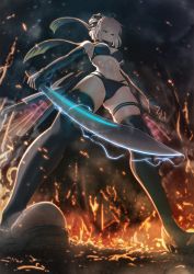 Rule 34 | 1girl, ahoge, bare shoulders, bikini, black bikini, black footwear, black gloves, black scarf, bow, closed mouth, commentary request, dutch angle, elbow gloves, fate/grand order, fate (series), gloves, hair bow, highres, holding, holding sword, holding weapon, imizu (nitro unknown), katana, lightning, looking at viewer, multi-strapped bikini, navel, okita j. souji (fate), okita j. souji (first ascension) (fate), okita souji (fate), okita souji (koha-ace), scarf, simple background, solo, standing, stomach, swimsuit, sword, thigh strap, thighhighs, weapon, winter clothes