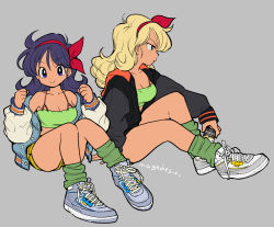 Rule 34 | 2girls, bare shoulders, black jacket, blonde hair, blue eyes, blue footwear, blue jacket, bow, breasts, can, cleavage, closed mouth, collarbone, dragon ball, dragonball z, green socks, grey background, grey footwear, hair bow, holding, holding can, hood, hood down, hooded jacket, jacket, long hair, lunch (bad) (dragon ball), lunch (dragon ball), lunch (good) (dragon ball), mago, multiple girls, open clothes, open jacket, parted lips, purple eyes, purple hair, red bow, shoes, signature, simple background, sitting, smile, sneakers, socks