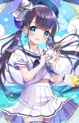 Rule 34 | 1girl, :d, absurdres, anchor symbol, angelfish, bad id, bad pixiv id, black hair, blue eyes, blunt bangs, blush, bottle, bow, cloud, cloudy sky, cork, cowboy shot, earrings, eyebrows, fish, hair ornament, hair tie, hat, hat bow, highres, holding, holding bottle, jewelry, lifebuoy, long hair, looking at viewer, message in a bottle, midriff peek, neckerchief, ocean, open mouth, original, pleated skirt, sailor hat, sakura shiori, school uniform, serafuku, skirt, sky, smile, solo, sparkle, star (symbol), swim ring, tropical fish, twintails, very long hair, water drop, x hair ornament