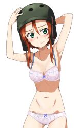 Rule 34 | 1girl, armpits, blush, bra, breasts, brown hair, cleavage, closed mouth, girls und panzer, green eyes, helmet, helmet-chan (girls und panzer), kayabakoro, lingerie, long hair, looking at viewer, medium breasts, navel, panties, pink bra, pink panties, presenting armpit, simple background, solo, underwear, underwear only, white background