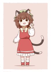 Rule 34 | 1girl, :3, @ @, animal ears, bow, bowtie, brown hair, cat ears, cat tail, chen, earrings, full body, green hat, hand up, hat, jewelry, long sleeves, looking at viewer, mob cap, multiple tails, nekomata, poronegi, red footwear, red skirt, red vest, shirt, shoes, skirt, smile, socks, solo, tail, touhou, two tails, vest, white bow, white bowtie, white shirt, white socks