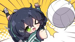 Rule 34 | &gt; o, 1girl, ^^^, ball, black hair, black socks, blush, chibi, clenched hand, commentary request, emphasis lines, fang, green jacket, hair between eyes, halftone, halftone background, highres, jacket, kyoumachi seika, long sleeves, milkpanda, one eye closed, open mouth, puffy long sleeves, puffy sleeves, shoe soles, short eyebrows, sleeves past wrists, socks, solo, speed lines, sweat, thick eyebrows, track jacket, two-tone background, voiceroid, volleyball, volleyball (object), white background, white footwear, yellow background