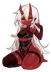 Rule 34 | 1girl, absurdres, akumi (yoclesh), breasts, colored skin, full body, hair between eyes, highres, horns, long hair, looking at viewer, medium breasts, nypo, oni, oni horns, pointy ears, red skin, scar, seiza, simple background, single thighhigh, sitting, solo, thigh strap, thighhighs, very long hair, virtual youtuber, vyugen, white background, white hair