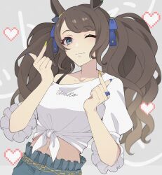 Rule 34 | 1girl, ;), animal ears, blue bow, blue nails, bow, breasts, brown hair, closed mouth, collarbone, commentary request, finger heart, grey background, grey eyes, grey skirt, hair bow, heart, horse ears, liu xiaolu, long hair, looking at viewer, medium breasts, midriff, multicolored nails, nail polish, navel, off shoulder, one eye closed, pixelated, puffy short sleeves, puffy sleeves, shirt, short sleeves, skirt, smile, solo, tied shirt, tosen jordan (umamusume), twintails, umamusume, very long hair, white shirt, yellow nails