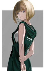 Rule 34 | 1girl, arms behind back, bare arms, blonde hair, blue eyes, blunt bangs, border, closed mouth, dress, from side, green dress, grey background, hood, hood down, hooded dress, looking at viewer, original, short hair, sleeveless, sleeveless dress, solo, straight hair, sushi (sashimise), white border