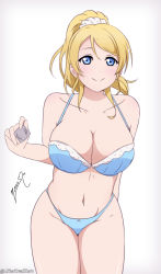 Rule 34 | 1girl, absurdres, alter real zero, artist name, ayase eli, bare shoulders, blonde hair, blue bra, blue eyes, blue panties, blush, bra, breasts, cleavage, closed mouth, condom, female focus, gradient background, hair between eyes, hair ornament, hair scrunchie, highres, holding, holding condom, large breasts, long hair, looking at viewer, love live!, love live! school idol project, medium hair, navel, panties, ponytail, scrunchie, signature, simple background, smile, solo, thighs, underwear, underwear only