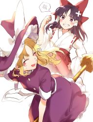 Rule 34 | 2girls, absurdres, annoyed, bad id, bad pixiv id, blonde hair, blush, bow, broom, broom riding, dress, hair tubes, hakurei reimu, hakurei reimu (pc-98), hand on own hip, hand up, hat, hat bow, highres, jill 07km, kirisame marisa, kirisame marisa (pc-98), long hair, long sleeves, looking at another, multiple girls, open mouth, pants, purple dress, purple eyes, purple hair, purple headwear, purple sleeves, red bow, red pants, shirt, simple background, smile, standing, teeth, touhou, touhou (pc-98), white background, white bow, white shirt, white sleeves, witch hat