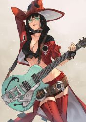 Rule 34 | 1girl, absurdres, arc system works, belt, black choker, black hair, blunt bangs, breasts, cape, choker, cleavage, cowboy shot, crop top, cropped jacket, electric guitar, fingerless gloves, glasses, gloves, green-tinted eyewear, green-tinted glasses, green eyes, guilty gear, guitar, hara kenshi, hat, highres, holding, holding instrument, i-no, instrument, lips, looking at viewer, medium breasts, miniskirt, mole, mole under eye, parted lips, red skirt, red thighhighs, short hair, skirt, solo, strap, sunglasses, thighhighs, tinted eyewear, witch hat
