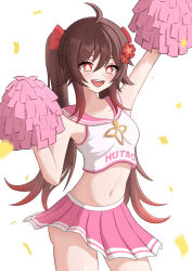 Rule 34 | 1girl, :d, absurdres, ahoge, alternate costume, arm up, bare arms, bare shoulders, brown hair, character name, cheerleader, clothes writing, commentary, cowboy shot, crop top, genshin impact, hair ornament, hand up, highres, hu tao (genshin impact), long hair, looking at viewer, midriff, miniskirt, navel, no headwear, open mouth, pink skirt, pleated skirt, pom pom (cheerleading), red eyes, shirt, sidelocks, simple background, skirt, sleeveless, sleeveless shirt, smile, solo, standing, stomach, take (take96254), very long hair, white background, white shirt