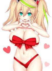 Rule 34 | 1girl, :d, aqua eyes, asamura hiori, blonde hair, blush, bow, breasts, collarbone, commentary request, fang, gene (pso2), green hair, groin, hair between eyes, heart, heart hands, highres, large breasts, long hair, looking at viewer, multicolored hair, naked ribbon, navel, open mouth, phantasy star, phantasy star online 2, red ribbon, ribbon, smile, solo, streaked hair, thigh gap, twintails, white background