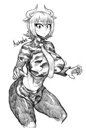 Rule 34 | 10s, 1girl, :&lt;, abs, animal ears, aurochs (kemono friends), breasts, camouflage, camouflage shorts, camouflage skirt, character name, closed mouth, collared shirt, covered erect nipples, cowboy shot, crop top, cropped legs, cropped shirt, exabyte (parallax05), gazelle ears, greyscale, hands up, horns, impossible clothes, impossible shirt, kemono friends, large breasts, layered sleeves, long sleeves, looking at viewer, midriff, miniskirt, monochrome, necktie, no tail, pantyhose, shirt, short hair, short over long sleeves, short sleeves, shorts, simple background, skirt, solo, stomach, thick thighs, thighs, toned, tsurime, white background, wing collar