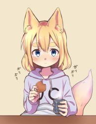 Rule 34 | 1girl, animal ears, blue eyes, blush, closed mouth, commentary request, cookie, cup, food, fox ears, fox tail, holding, holding food, hood, hood down, hoodie, kai himo, kotatsu, looking at viewer, original, purple hoodie, short hair, simple background, sitting, solo, steam, table, tail, thick eyebrows, yellow background