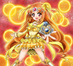 Rule 34 | 1041 (toshikazu), 10s, 1girl, boots, bow, brooch, choker, circlet, cure muse, cure muse (yellow), dress, frills, hair ribbon, heart, jewelry, long hair, magical girl, orange hair, precure, red eyes, ribbon, shirabe ako, smile, solo, suite precure
