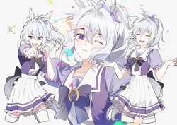 Rule 34 | 1girl, animal ears, back bow, black bow, bow, bowtie, closed eyes, commentary request, confetti, dancing, hair bow, high ponytail, horse ears, horse girl, horse tail, horseshoe ornament, ine (isegye), isegye idol, iwatnc, korean commentary, long hair, multiple views, one eye closed, open mouth, parted lips, pleated skirt, puffy short sleeves, puffy sleeves, punching, purple bow, purple bowtie, purple eyes, purple shirt, school uniform, shirt, short sleeves, skirt, smile, sparkle, tail, tracen school uniform, umamusume, umapyoi densetsu, virtual youtuber, w arms, white hair, white skirt