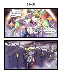 Rule 34 | +++, 2girls, 2koma, ai-chan (chrono navi) (honkai impact), ai-chan (honkai impact), bare shoulders, breasts, closed mouth, collarbone, comic, commentary, concert, crowd, detached sleeves, english commentary, english text, faceless, green hair, highres, honkai (series), honkai impact 3rd, idol, large breasts, long hair, multiple girls, official alternate costume, one eye closed, orange eyes, small breasts, standing, star (symbol), thatwasjack, three-finger salute, upper body, white sleeves