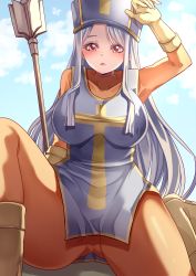 Rule 34 | 1girl, absurdres, blue hair, blue hat, blue sky, blue tabard, bodysuit, breasts, brown footwear, commentary request, cross, dragon quest, dragon quest iii, gloves, hand on headwear, hat, highres, large breasts, long hair, looking at viewer, mahoro (minase mahoro), mitre, open mouth, outdoors, priest (dq3), red eyes, sky, solo, tabard, yellow gloves