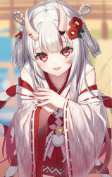 Rule 34 | braid, crescent, flower, hair flower, hair ornament, hololive, horns, japanese clothes, looking at viewer, nakiri ayame, oni, red eyes, shikinagi, skin-covered horns, virtual youtuber, white hair