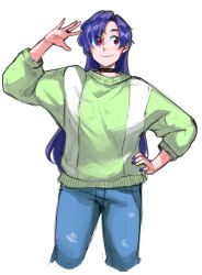 Rule 34 | 1girl, akiosketch, arm up, blue hair, blue nails, blush, closed mouth, denim, eyes visible through hair, green sweater, hair over one eye, hand on own hip, highres, jeans, long hair, long sleeves, looking to the side, multicolored nails, nail polish, original, pants, red eyes, sketch, smile, solo, sweater, very long hair, yellow nails