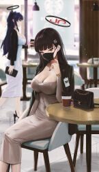 Rule 34 | 2girls, absurdres, airpods, alternate costume, bag, black hair, black jacket, black mask, blazer, blue archive, breasts, cafe, cleavage, covered navel, cup, disposable cup, dongtan dress, dress, fieryonion, grey dress, halo, handbag, highres, id card, indoors, jacket, large breasts, long dress, looking at viewer, mask, meme attire, mouth mask, multiple girls, purple hair, red eyes, rio (blue archive), sitting, solo focus, starbucks, taut clothes, taut dress, watch, white dress, wireless earphones, wristwatch, yuuka (blue archive)