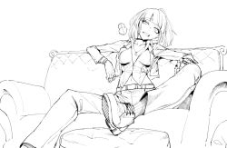Rule 34 | 1girl, bad id, bad twitter id, belt, blunt bangs, breasts, choker, couch, dog tags, greyscale, half-closed eyes, head tilt, highres, j.k., jacket, jewelry, large breasts, long sleeves, looking at viewer, midriff peek, monochrome, navel, open clothes, open jacket, original, pants, ring, shoes, short hair, simple background, sitting, socks, solo, spread legs, vest, white background