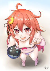 Rule 34 | 1girl, ahoge, akashieru, ball, beachball, bikini, breasts, character ball, downblouse, from above, hair ornament, hair ribbon, highres, i-class destroyer, kantai collection, open mouth, orange eyes, orange hair, pointing, rabbit hair ornament, ribbon, small breasts, smile, solo, striped bikini, striped clothes, swimsuit, uzuki (kancolle)