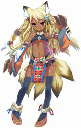 Rule 34 | 1girl, absurdres, animal ears, artist request, braid, breasts, dark-skinned female, dark skin, detached sleeves, fox ears, fox tail, hair ornament, highres, maharito, multiple braids, multiple tails, navel, official art, red eyes, simple background, small breasts, smile, solo, soul master, standing, tail, toeless legwear, toes, tribal, underboob
