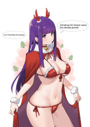 Rule 34 | 1girl, absurdres, bell, bikini, blunt bangs, breasts, cape, chen yang yang, choker, closed mouth, commentary, english text, fake antlers, fern (sousou no frieren), front-tie bikini top, front-tie top, fur-trimmed bikini top, fur-trimmed cape, fur trim, groin, groin tendon, highres, large breasts, long hair, navel, neck bell, purple eyes, purple hair, purple pupils, raised eyebrows, red bikini, red cape, red choker, revision, side-tie bikini bottom, solo, sousou no frieren, strap gap, swimsuit, symbol-only commentary, thighs, underboob