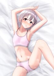 Rule 34 | armpits, black eyes, black hair, blue eyes, breasts, commentary, commission, cyde, highres, idolmaster, idolmaster cinderella girls, leg up, looking at viewer, lying, navel, on bed, open mouth, otokura yuuki, panties, short hair, skeb commission, small breasts, solo, sports bra, underwear