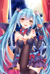 Rule 34 | 1girl, :d, absurdres, arm support, black gloves, black thighhighs, blood, blood on face, blue hair, breasts, brown eyes, choker, chuor (chuochuoi), cleavage, cup, drinking glass, elbow gloves, gloves, hair between eyes, hair ornament, hatsune miku, highres, holding, holding cup, holding drinking glass, indoors, jewelry, layered skirt, long hair, looking at viewer, medium breasts, miniskirt, moon, open mouth, ring, shiny clothes, sitting, skirt, smile, solo, sparkle, strapless, thighhighs, twintails, vampire, very long hair, vocaloid, window, wings
