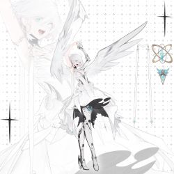 Rule 34 | 1girl, absurdres, ahoge, angel wings, arms up, blue eyes, breasts, chaomian buyao mian, crystal, dress, eyes visible through hair, fangs, feathered wings, full body, heterochromia, high heels, highres, looking at viewer, mechanical arms, mechanical legs, open mouth, original, prosthesis, prosthetic arm, prosthetic leg, short hair, single mechanical arm, small breasts, solo, standing, white dress, white eyes, white hair, wings, zoom layer