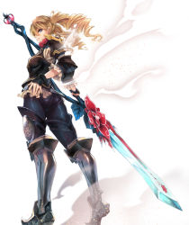Rule 34 | 1girl, armor, blonde hair, blue eyes, drill hair, fantasy earth zero, from behind, full body, glaive (polearm), greaves, hand on own hip, highres, holding, holding weapon, lips, looking at viewer, looking back, parted lips, polearm, ryouku, short hair, solo, standing, teeth, twin drills, weapon, wrist guards