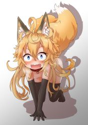 Rule 34 | 1girl, all fours, animal ear fluff, animal ears, black gloves, black thighhighs, blonde hair, blue eyes, blush, breasts, collar, commentary request, elbow gloves, fang, fox ears, fox girl, fox tail, full body, gloves, gradient background, grey background, hair between eyes, heart, heart-shaped pupils, highres, kazekiri, long hair, no shoes, nose blush, nude, open mouth, original, red collar, small breasts, solo, symbol-shaped pupils, tail, thighhighs, v-shaped eyebrows, very long hair, wavy mouth, white background