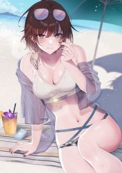 Rule 34 | 1girl, absurdres, aketa mikoto, arm support, bare shoulders, beach, beach umbrella, bikini, black nails, blonde hair, blue sky, blush, breasts, brown eyes, brown hair, cleavage, closed mouth, cloud, collarbone, drink, drinking straw, earrings, eyewear on head, flower, flower in drink, food, fruit, gradient hair, hand on own face, highres, hourai ninjin, idolmaster, idolmaster shiny colors, island, jewelry, large breasts, lens flare, looking at viewer, lotion, low ponytail, medium hair, multicolored hair, nail polish, navel, ocean, outdoors, pineapple, pineapple slice, sand, see-through, shadow, short ponytail, sitting, sky, smile, solo, sunglasses, sunlight, sunscreen, swimsuit, umbrella, water, white bikini