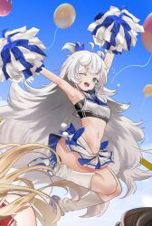 Rule 34 | 1girl, absurdres, arms up, blue eyes, blush, breasts, cheerleader, goddess of victory: nikke, grey hair, highres, long hair, looking at viewer, navel, one eye closed, open mouth, outdoors, poli (cheer up police) (nikke), poli (nikke), skirt, small breasts, smile, solo focus, teddy (khanshin)