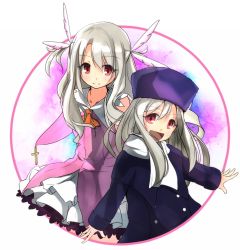 Rule 34 | 2girls, chippucream, dual persona, fate/kaleid liner prisma illya, fate/stay night, fate (series), feather hair ornament, feathers, fur hat, hair ornament, hat, illyasviel von einzbern, long hair, magical girl, multiple girls, papakha, prisma illya, purple hat, red eyes, white hair